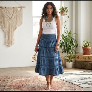 Lapis Denim-Blue Tiered Maxi Skirt with Smocked Waist